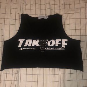 Take off, black tank top with chains